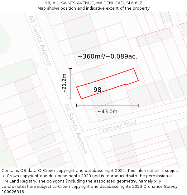 98, ALL SAINTS AVENUE, MAIDENHEAD, SL6 6LZ: Plot and title map