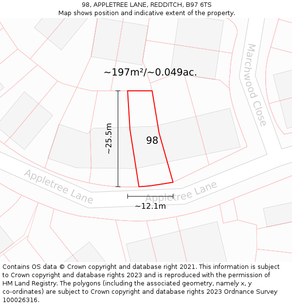 98, APPLETREE LANE, REDDITCH, B97 6TS: Plot and title map