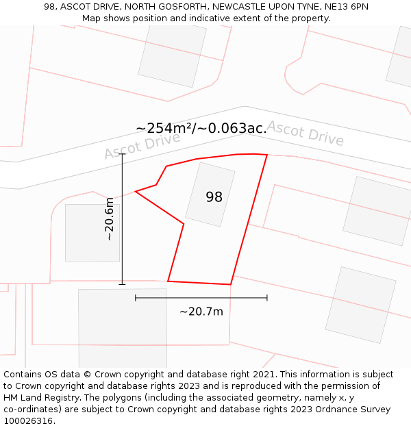 98, ASCOT DRIVE, NORTH GOSFORTH, NEWCASTLE UPON TYNE, NE13 6PN: Plot and title map