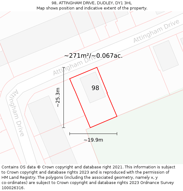 98, ATTINGHAM DRIVE, DUDLEY, DY1 3HL: Plot and title map