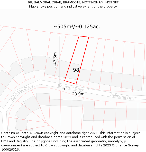 98, BALMORAL DRIVE, BRAMCOTE, NOTTINGHAM, NG9 3FT: Plot and title map