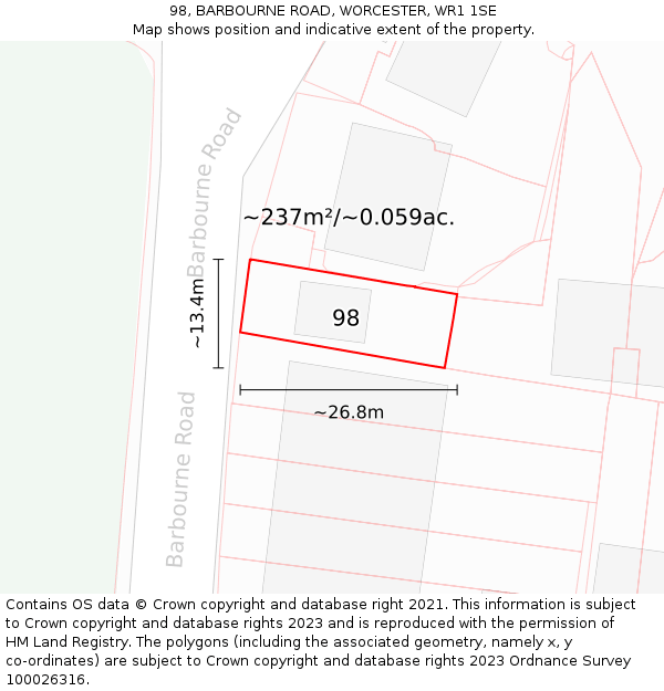 98, BARBOURNE ROAD, WORCESTER, WR1 1SE: Plot and title map