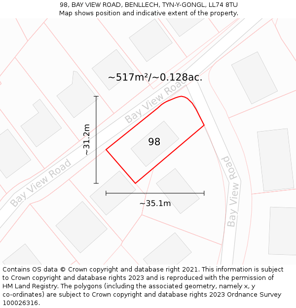 98, BAY VIEW ROAD, BENLLECH, TYN-Y-GONGL, LL74 8TU: Plot and title map