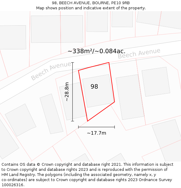 98, BEECH AVENUE, BOURNE, PE10 9RB: Plot and title map