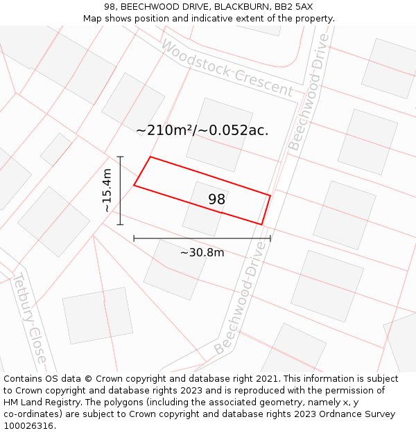 98, BEECHWOOD DRIVE, BLACKBURN, BB2 5AX: Plot and title map