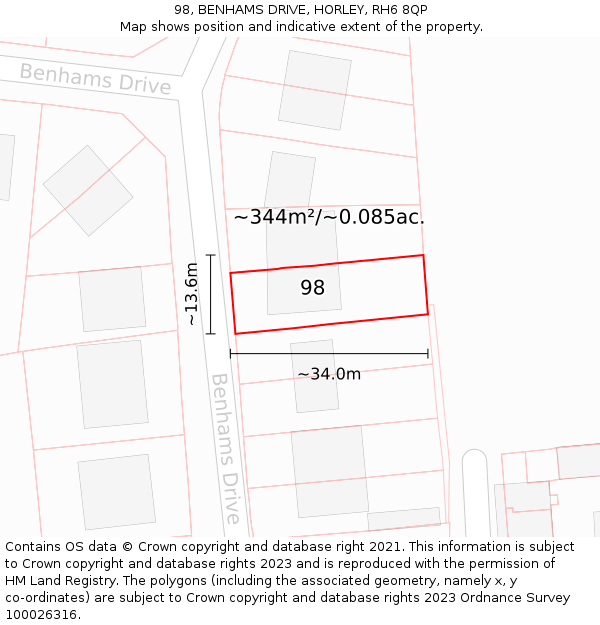 98, BENHAMS DRIVE, HORLEY, RH6 8QP: Plot and title map