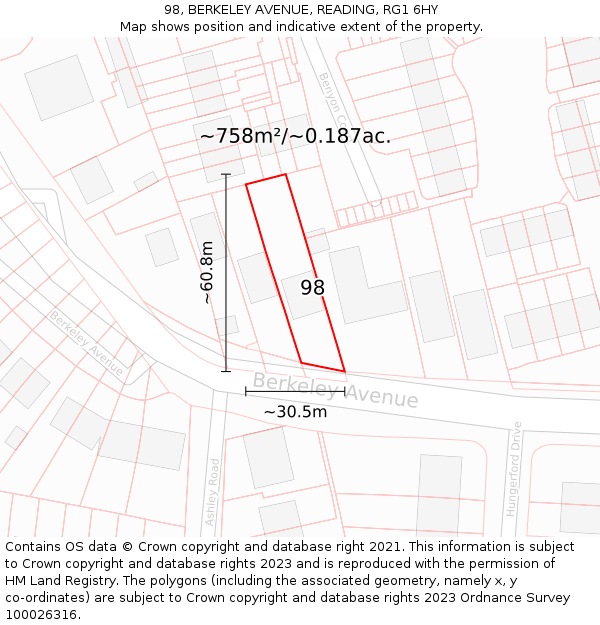 98, BERKELEY AVENUE, READING, RG1 6HY: Plot and title map