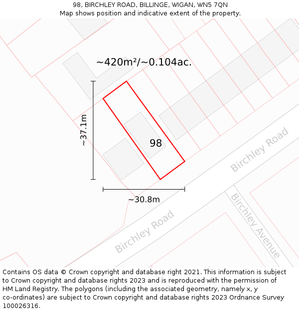 98, BIRCHLEY ROAD, BILLINGE, WIGAN, WN5 7QN: Plot and title map