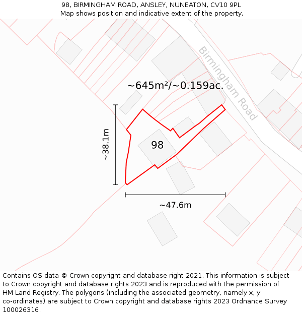 98, BIRMINGHAM ROAD, ANSLEY, NUNEATON, CV10 9PL: Plot and title map