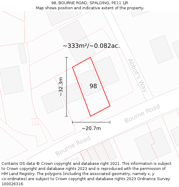 98, BOURNE ROAD, SPALDING, PE11 1JR: Plot and title map