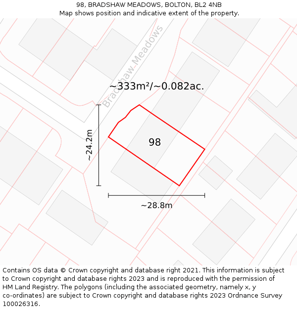 98, BRADSHAW MEADOWS, BOLTON, BL2 4NB: Plot and title map