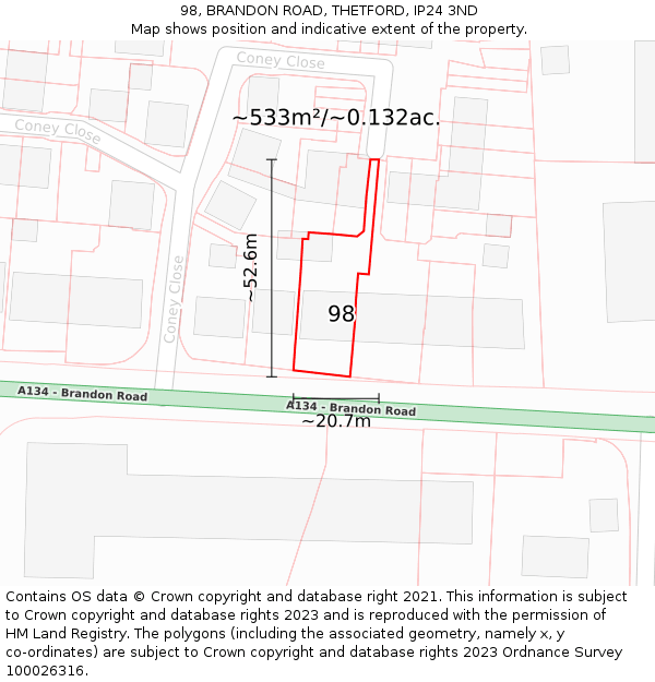 98, BRANDON ROAD, THETFORD, IP24 3ND: Plot and title map