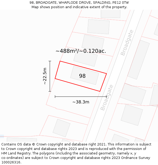 98, BROADGATE, WHAPLODE DROVE, SPALDING, PE12 0TW: Plot and title map