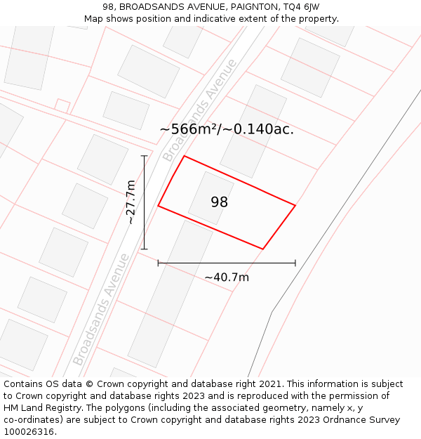 98, BROADSANDS AVENUE, PAIGNTON, TQ4 6JW: Plot and title map