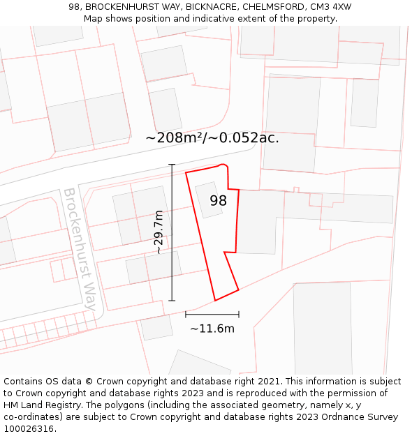 98, BROCKENHURST WAY, BICKNACRE, CHELMSFORD, CM3 4XW: Plot and title map