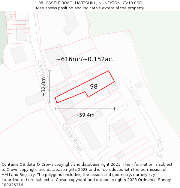 98, CASTLE ROAD, HARTSHILL, NUNEATON, CV10 0SG: Plot and title map