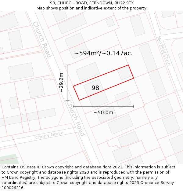 98, CHURCH ROAD, FERNDOWN, BH22 9EX: Plot and title map