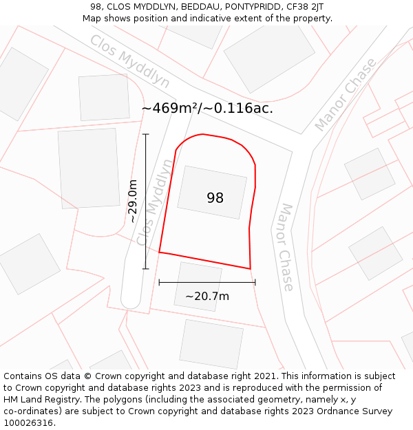 98, CLOS MYDDLYN, BEDDAU, PONTYPRIDD, CF38 2JT: Plot and title map