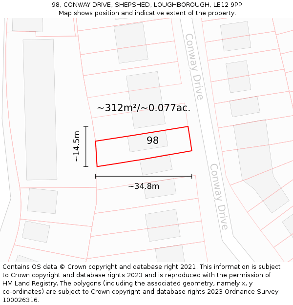 98, CONWAY DRIVE, SHEPSHED, LOUGHBOROUGH, LE12 9PP: Plot and title map