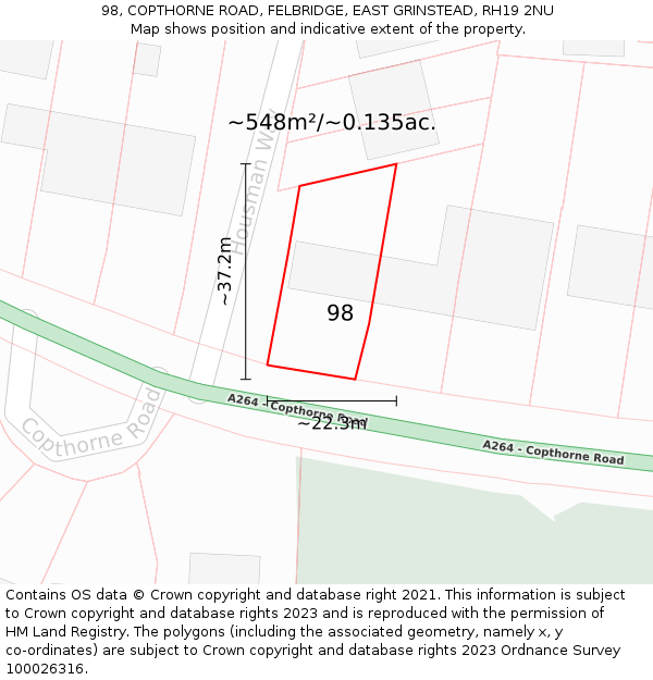 98, COPTHORNE ROAD, FELBRIDGE, EAST GRINSTEAD, RH19 2NU: Plot and title map
