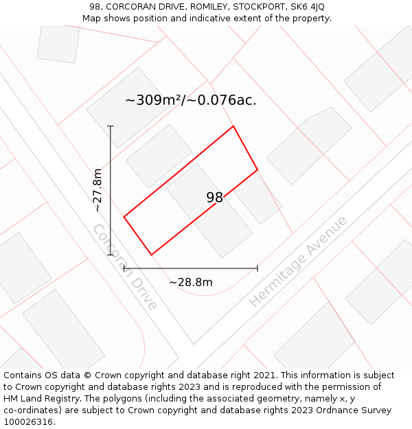 98, CORCORAN DRIVE, ROMILEY, STOCKPORT, SK6 4JQ: Plot and title map