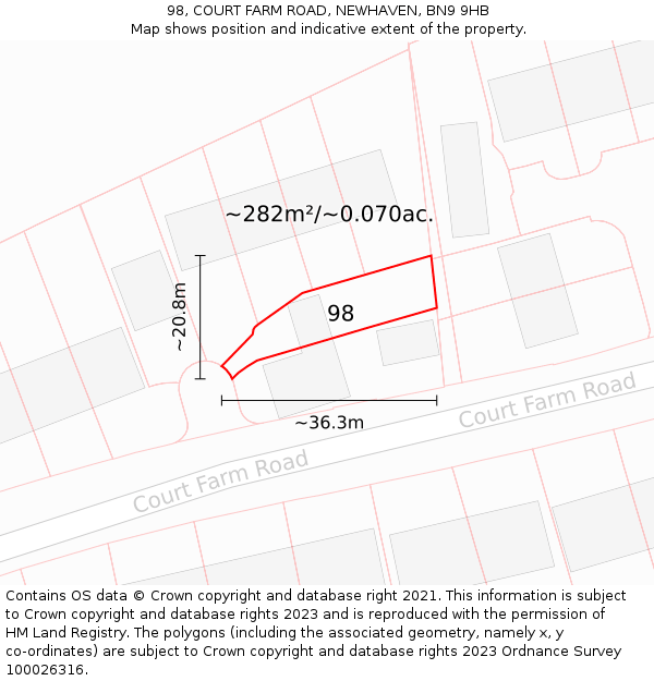 98, COURT FARM ROAD, NEWHAVEN, BN9 9HB: Plot and title map