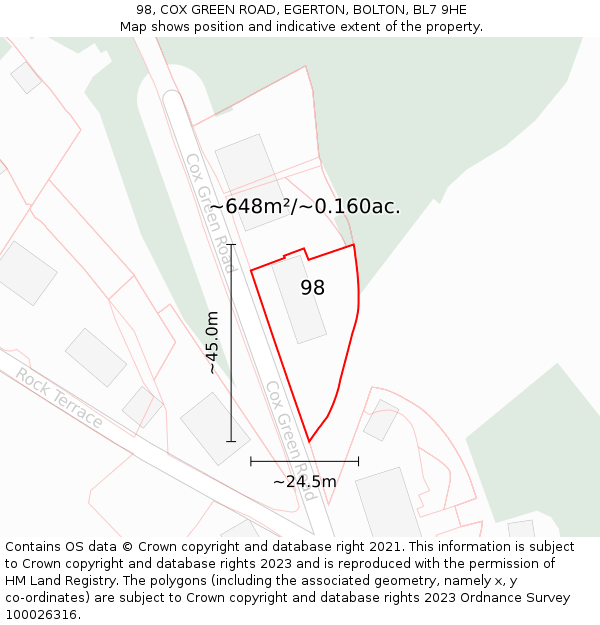 98, COX GREEN ROAD, EGERTON, BOLTON, BL7 9HE: Plot and title map