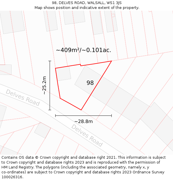 98, DELVES ROAD, WALSALL, WS1 3JS: Plot and title map