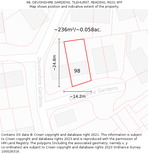 98, DEVONSHIRE GARDENS, TILEHURST, READING, RG31 6FP: Plot and title map