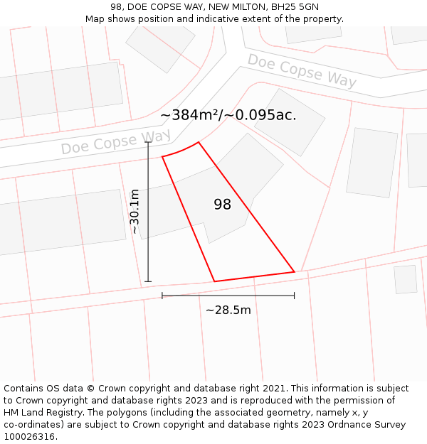 98, DOE COPSE WAY, NEW MILTON, BH25 5GN: Plot and title map