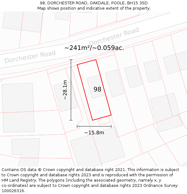 98, DORCHESTER ROAD, OAKDALE, POOLE, BH15 3SD: Plot and title map