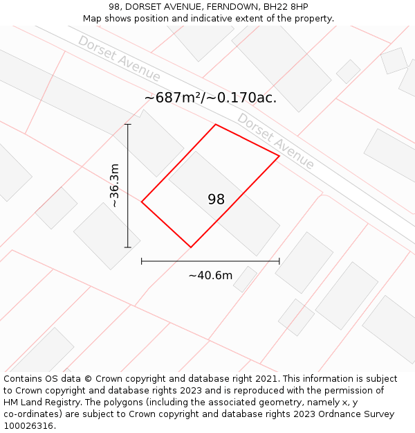 98, DORSET AVENUE, FERNDOWN, BH22 8HP: Plot and title map