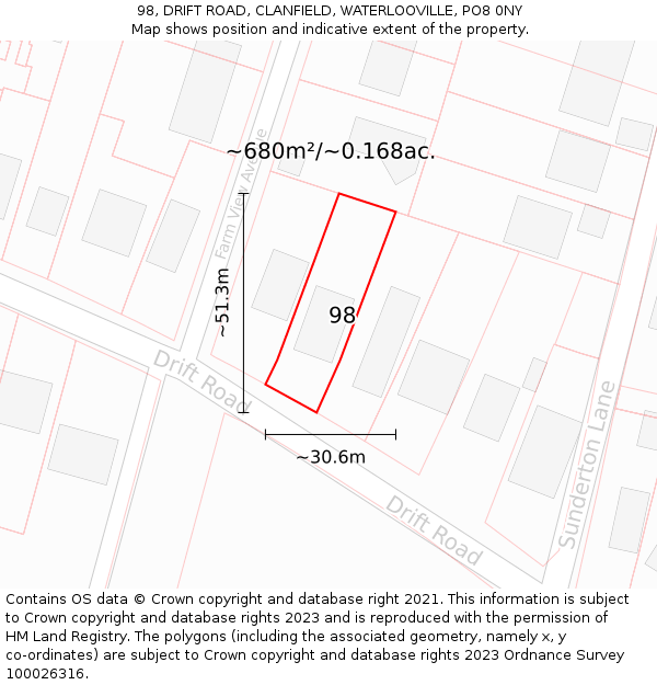 98, DRIFT ROAD, CLANFIELD, WATERLOOVILLE, PO8 0NY: Plot and title map