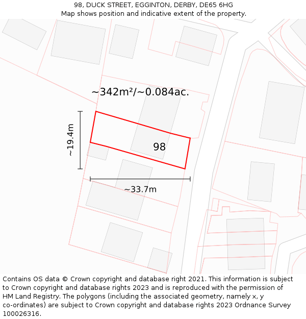 98, DUCK STREET, EGGINTON, DERBY, DE65 6HG: Plot and title map