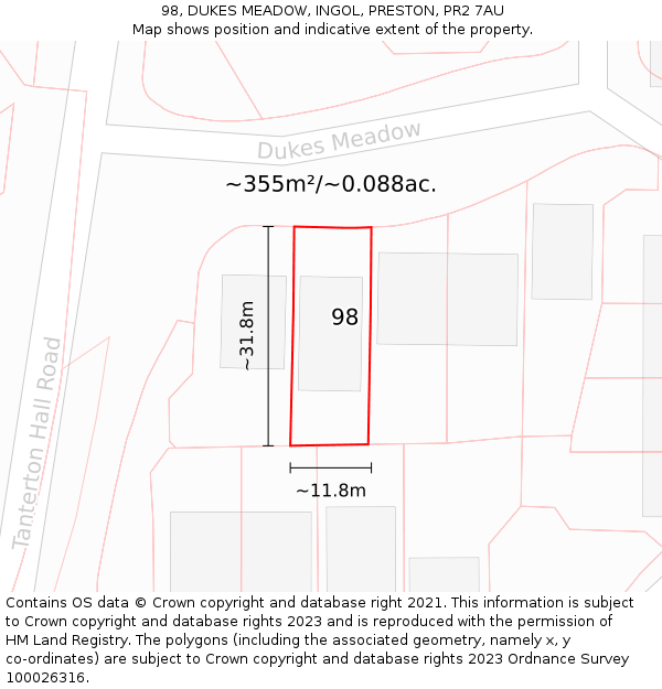 98, DUKES MEADOW, INGOL, PRESTON, PR2 7AU: Plot and title map