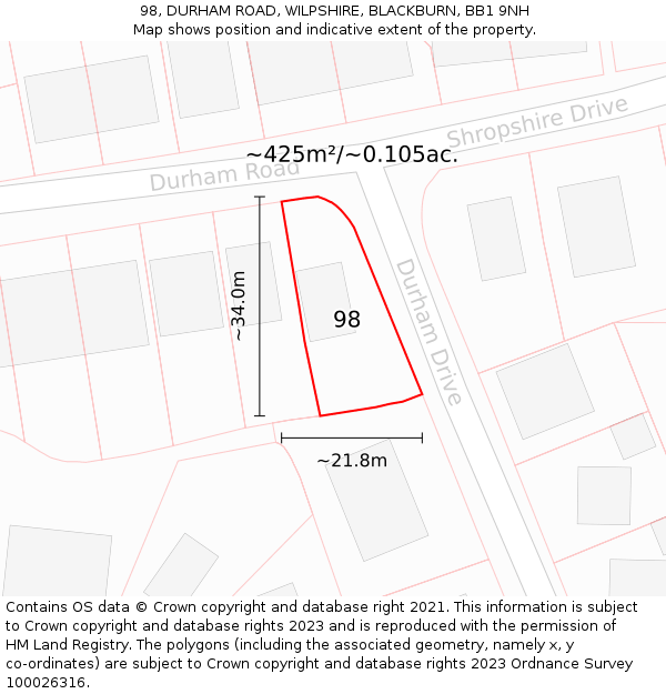 98, DURHAM ROAD, WILPSHIRE, BLACKBURN, BB1 9NH: Plot and title map