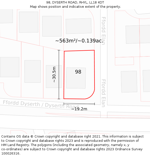 98, DYSERTH ROAD, RHYL, LL18 4DT: Plot and title map