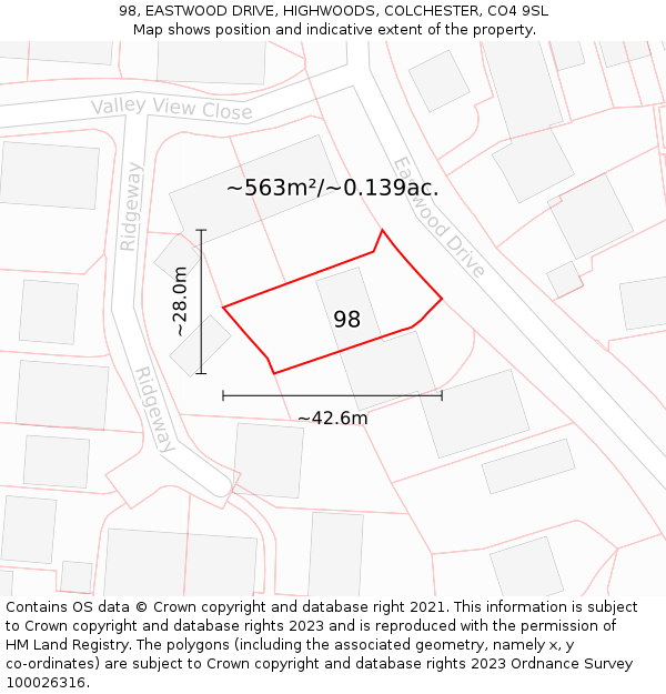 98, EASTWOOD DRIVE, HIGHWOODS, COLCHESTER, CO4 9SL: Plot and title map