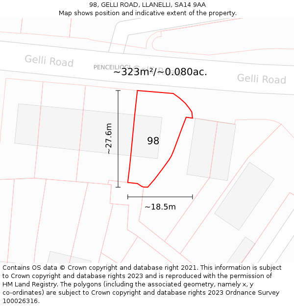 98, GELLI ROAD, LLANELLI, SA14 9AA: Plot and title map