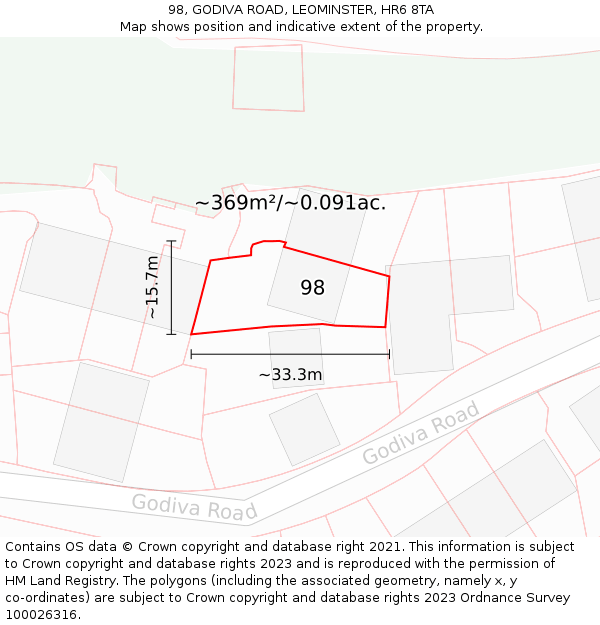 98, GODIVA ROAD, LEOMINSTER, HR6 8TA: Plot and title map