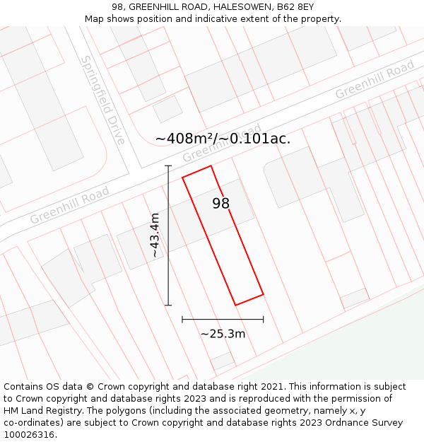 98, GREENHILL ROAD, HALESOWEN, B62 8EY: Plot and title map