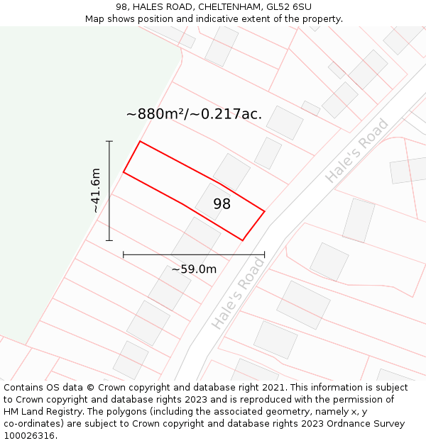 98, HALES ROAD, CHELTENHAM, GL52 6SU: Plot and title map