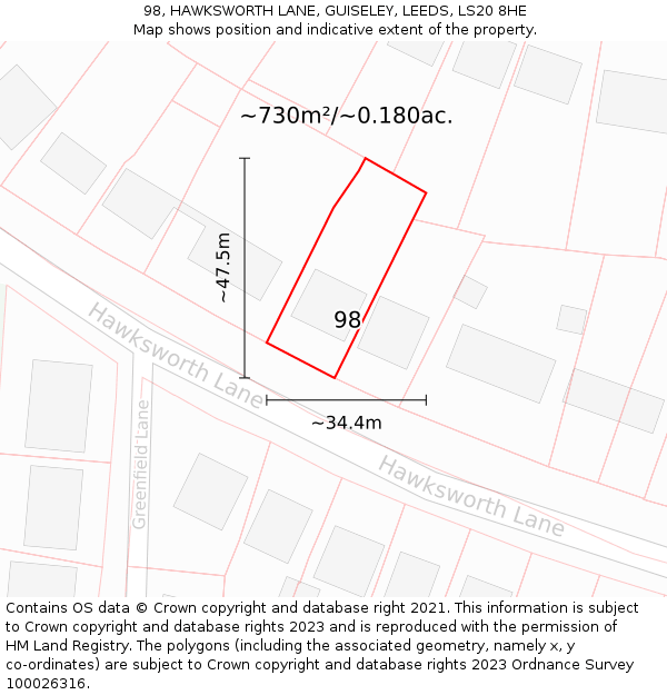 98, HAWKSWORTH LANE, GUISELEY, LEEDS, LS20 8HE: Plot and title map