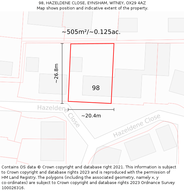 98, HAZELDENE CLOSE, EYNSHAM, WITNEY, OX29 4AZ: Plot and title map