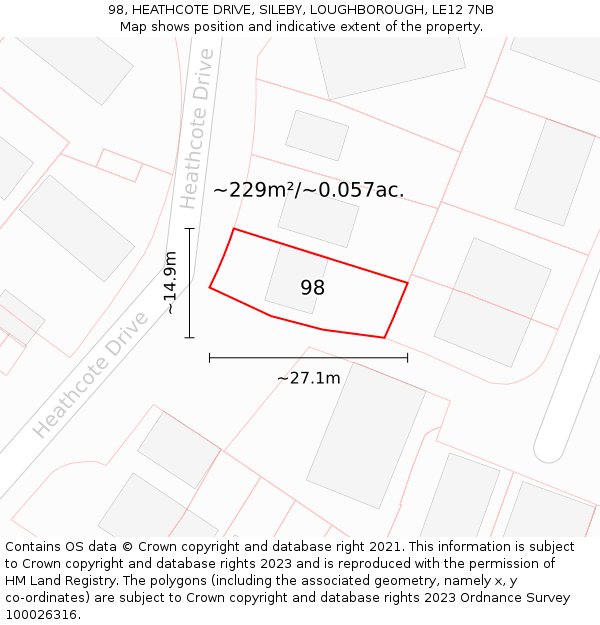 98, HEATHCOTE DRIVE, SILEBY, LOUGHBOROUGH, LE12 7NB: Plot and title map