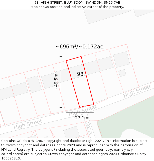 98, HIGH STREET, BLUNSDON, SWINDON, SN26 7AB: Plot and title map