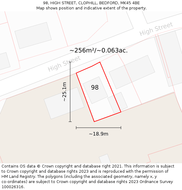 98, HIGH STREET, CLOPHILL, BEDFORD, MK45 4BE: Plot and title map