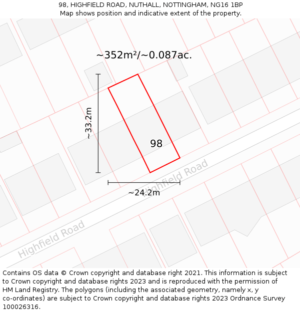 98, HIGHFIELD ROAD, NUTHALL, NOTTINGHAM, NG16 1BP: Plot and title map