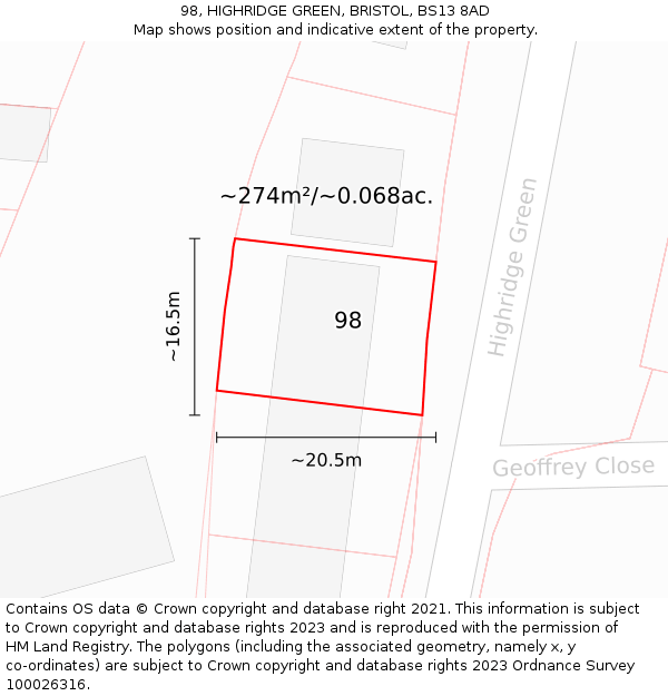 98, HIGHRIDGE GREEN, BRISTOL, BS13 8AD: Plot and title map