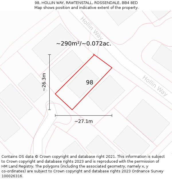 98, HOLLIN WAY, RAWTENSTALL, ROSSENDALE, BB4 8ED: Plot and title map